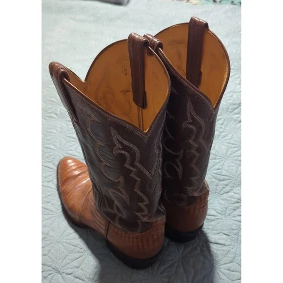 Vintage TONY LAMA Teju Lizard Leather Cowboy Boots Two Tone Men's 8 D USA 8005 - Picture 3 of 14